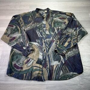 VINTAGE HEY MAN Shirt Mens Medium Multicolor Silk Abstract Graphic Button Up